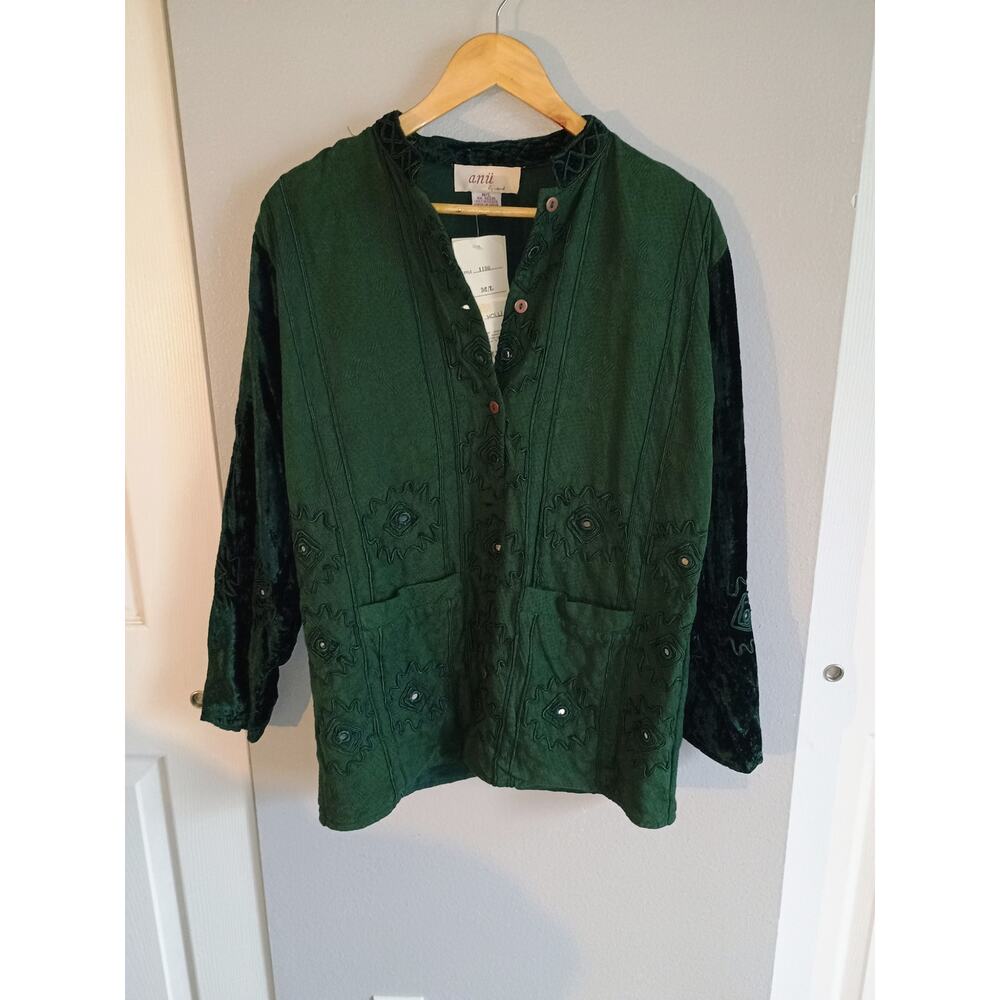 Anii by natural embroidered fantastical goblin Core whimsical deep green shirt